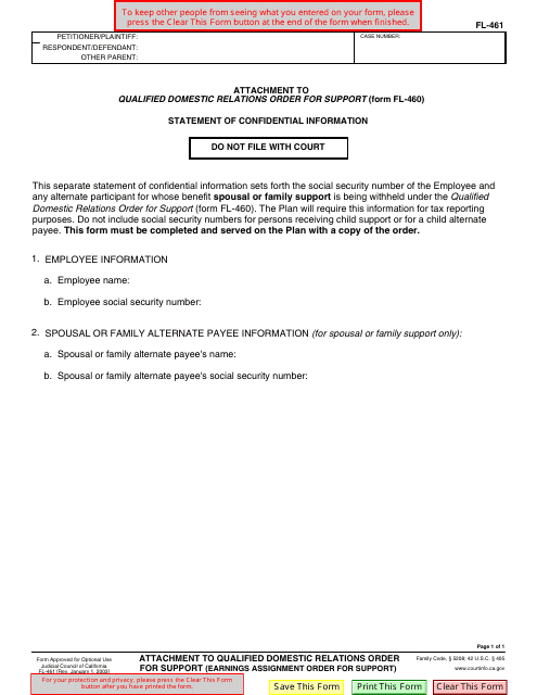 Form FL-461 Attachment to Qualified Domestic Relations Order for Support (Form Fl-460) - California