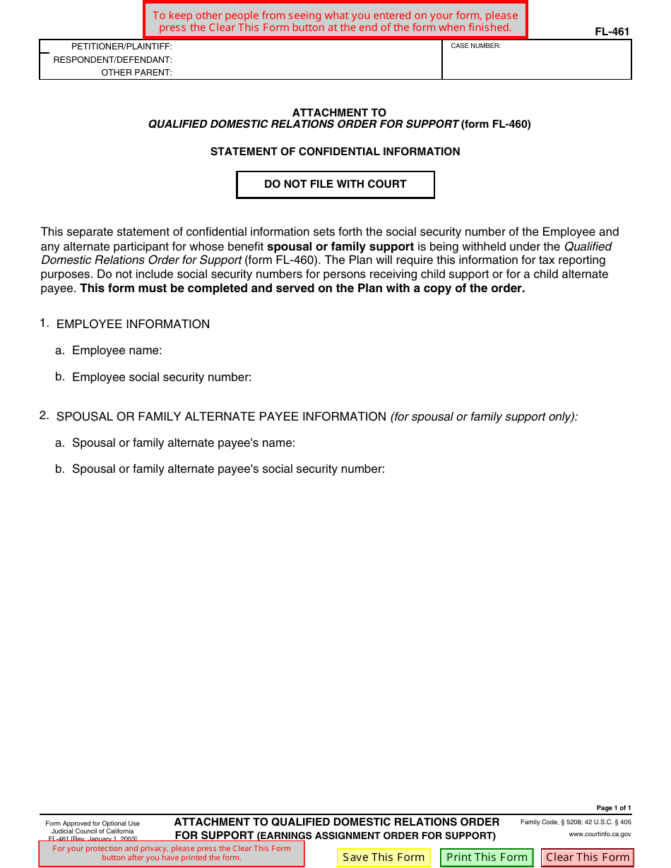 Form FL-461 Attachment to Qualified Domestic Relations Order for Support (Form Fl-460) - California, Page 1