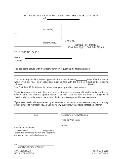 Form CIV-650 Notice of Motion - Alaska