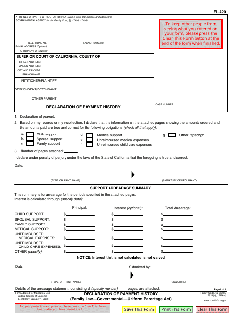 Form FL-420 Declaration of Payment History - California