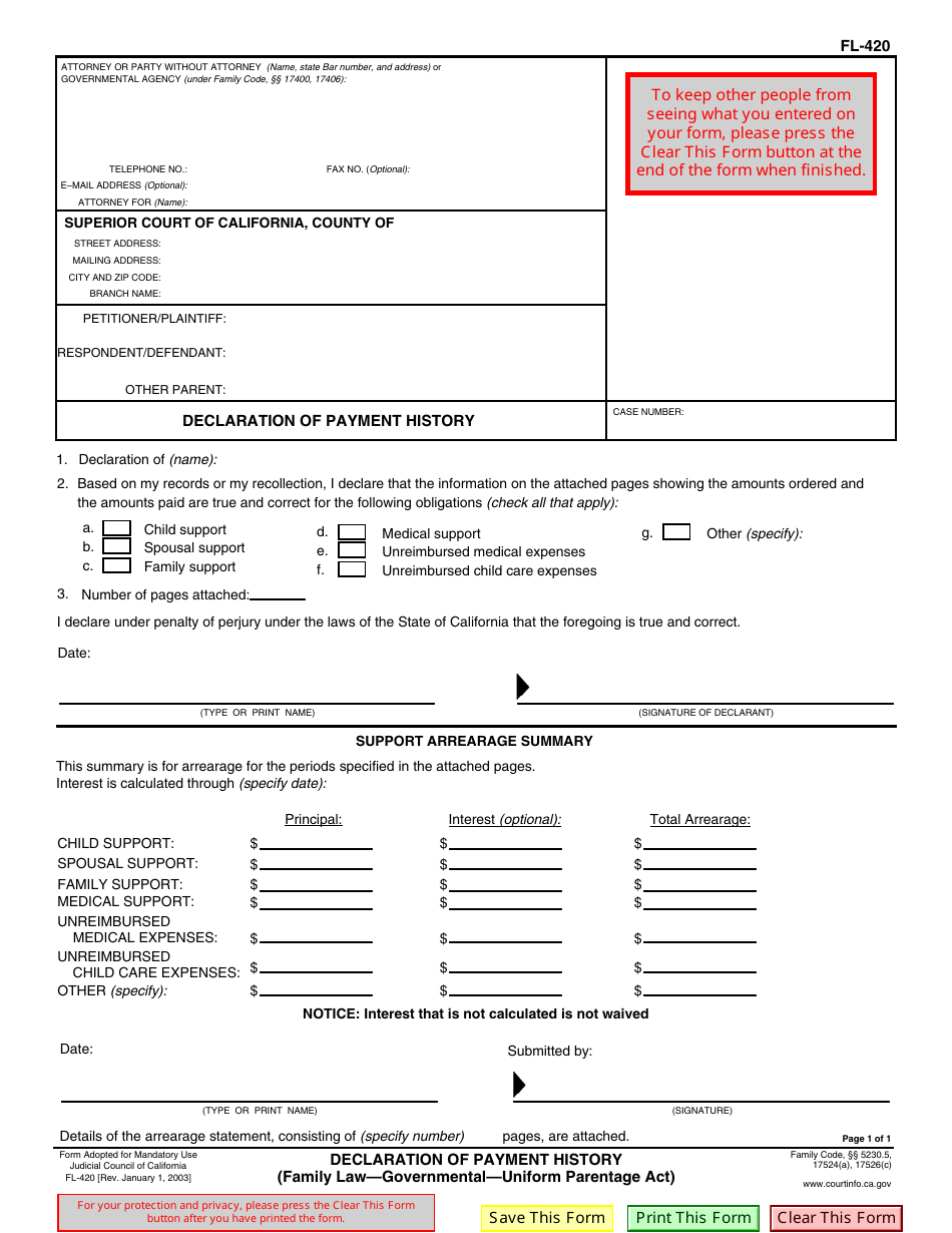 Form FL-420 Declaration of Payment History - California, Page 1