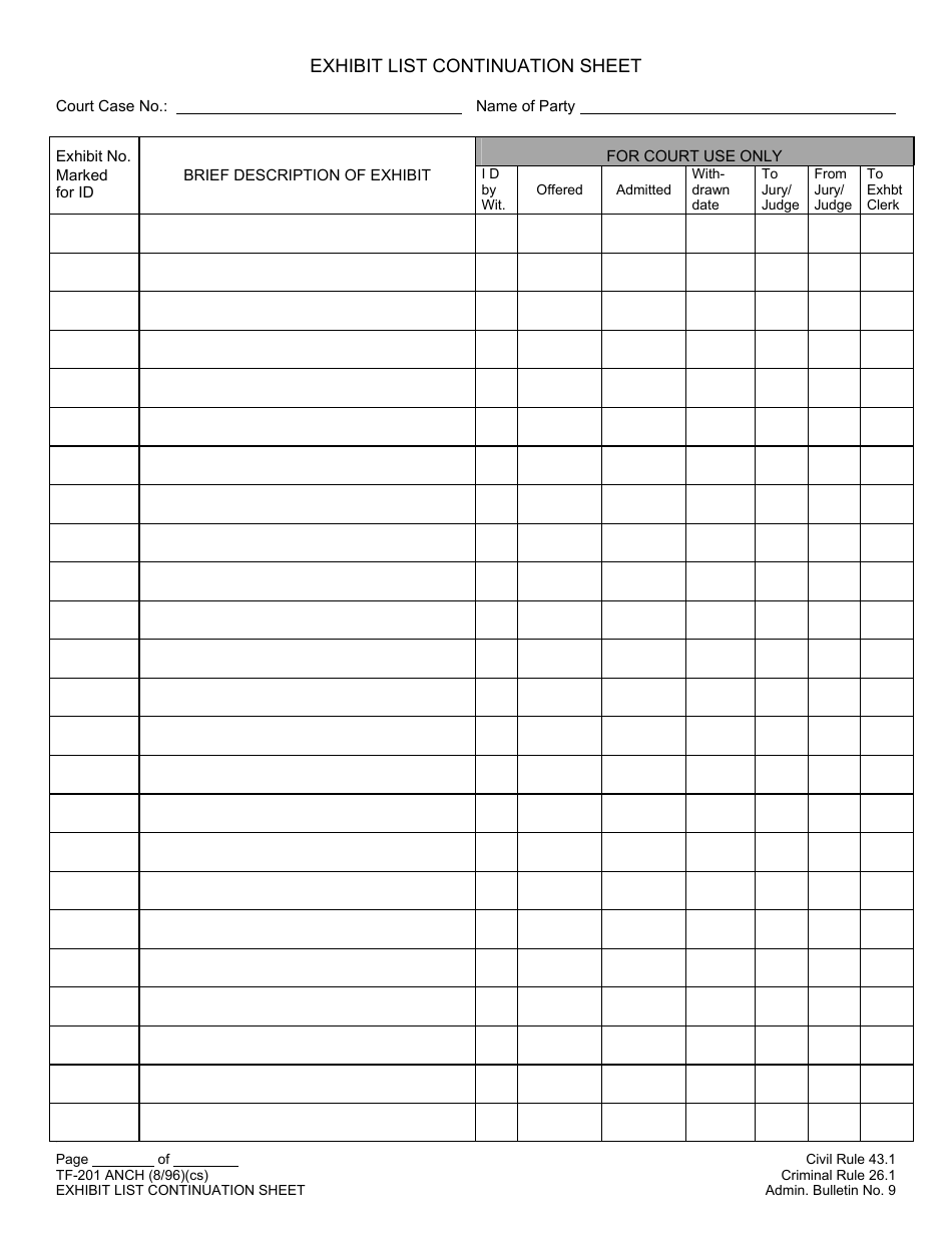 Form TF-201 ANCH Exhibit List Continuation Sheet - Municipality of Anchorage, Alaska, Page 1