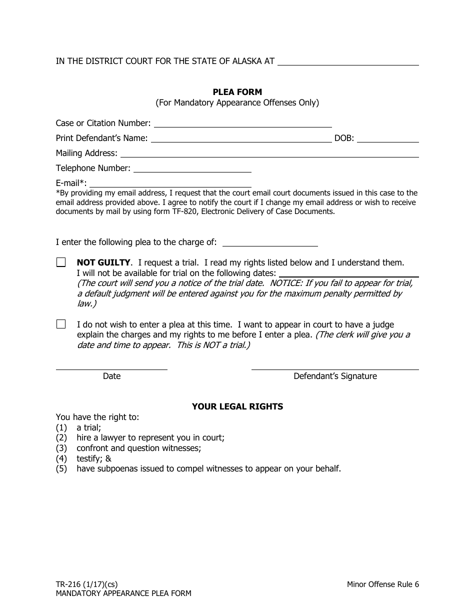 Form TR-216 Plea Form (For Mandatory Appearance Offenses Only) - Alaska, Page 1