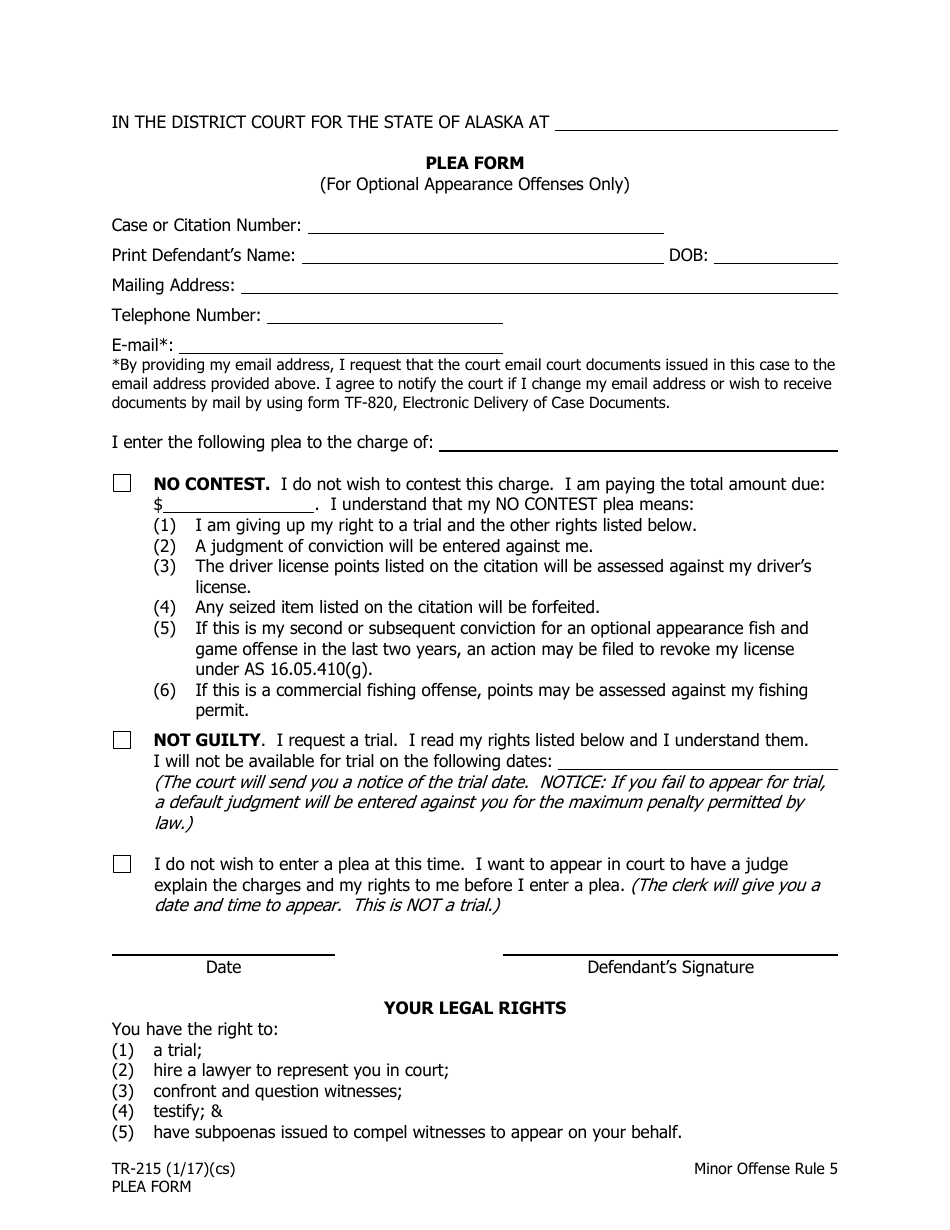 Form TR-215 Plea Form (For Optional Appearance Offenses Only) - Alaska, Page 1