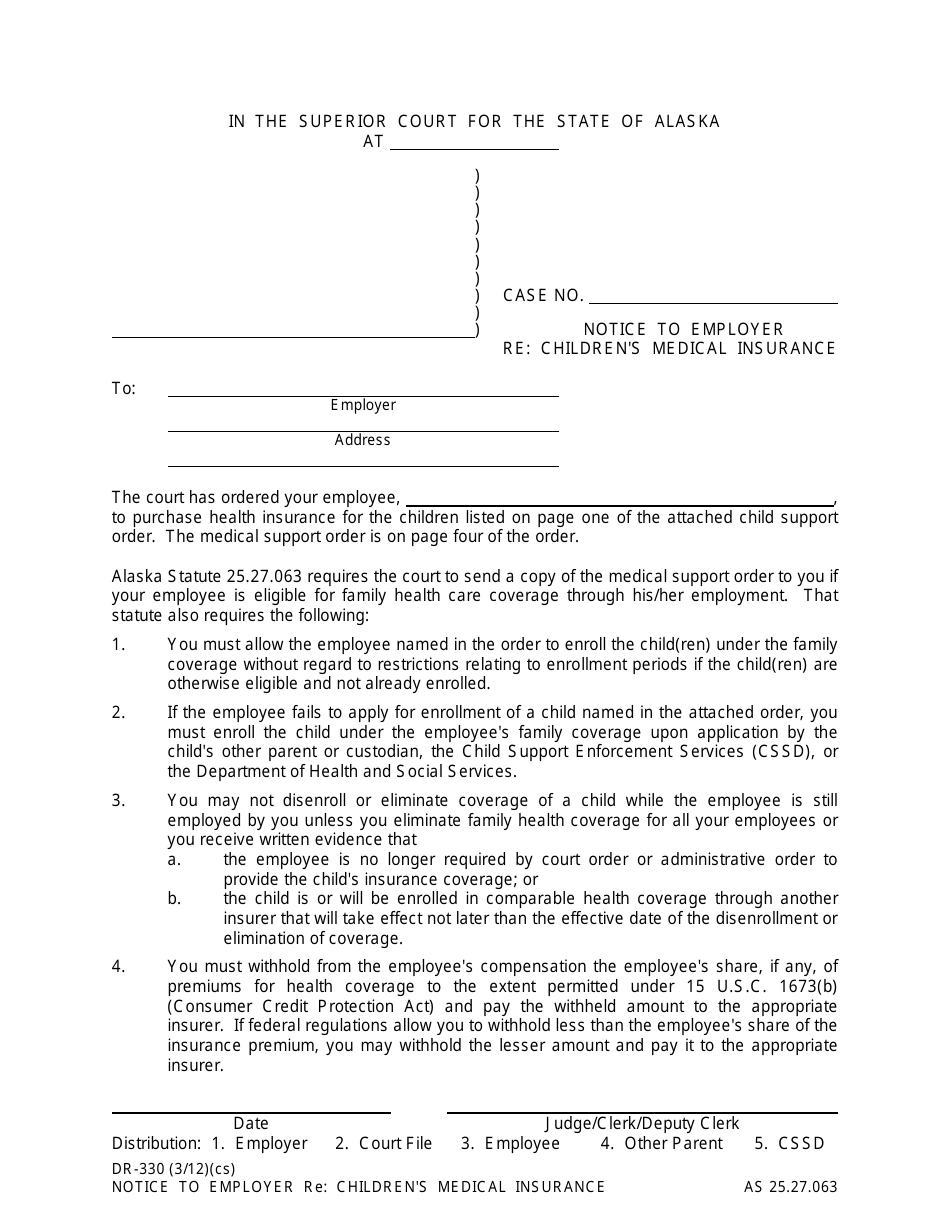 Form DR-330 Notice to Employer Re: Childrens Medical Insurance - Alaska, Page 1