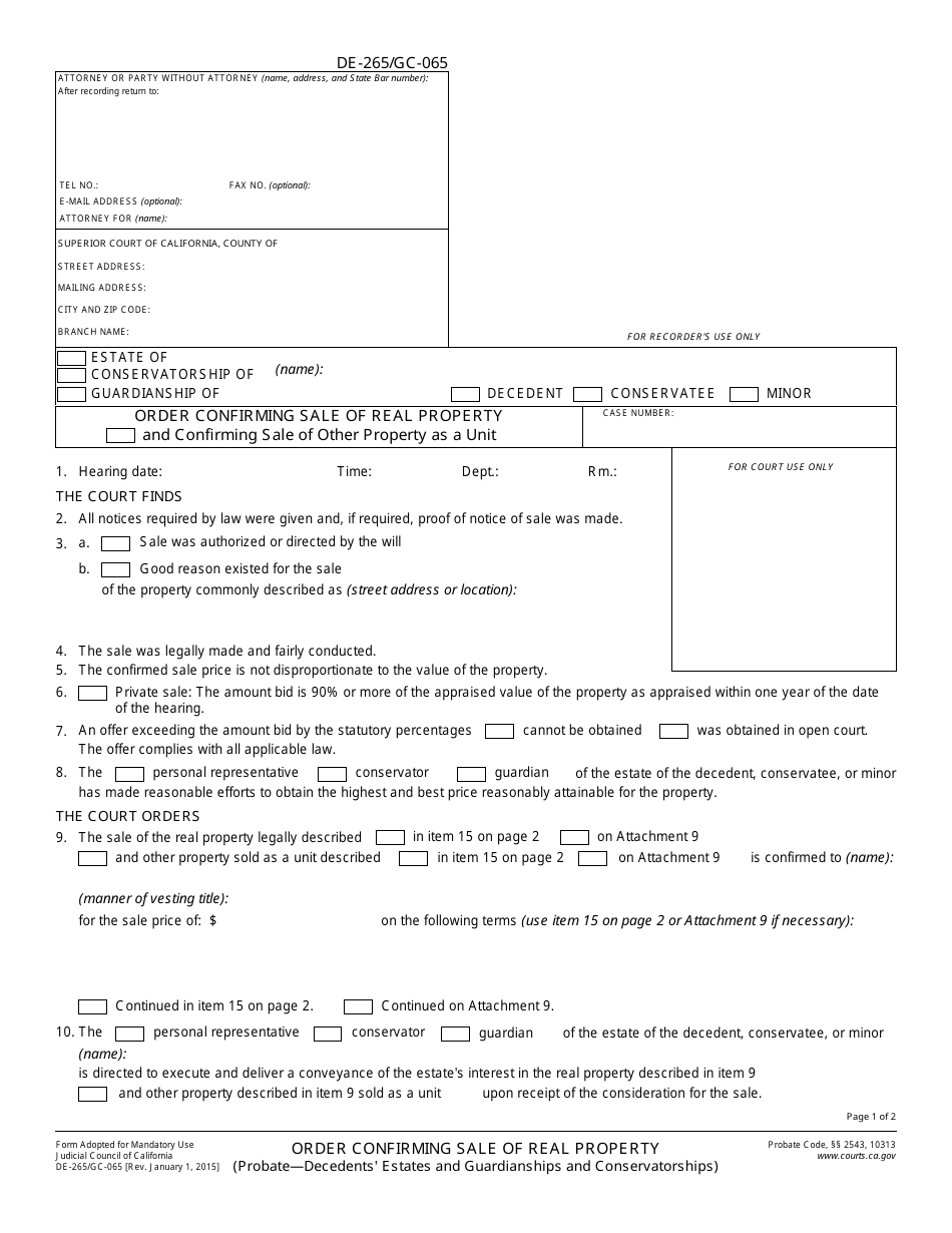 Form DE-265 (GC-065) Order Confirming Sale of Real Property - California, Page 1