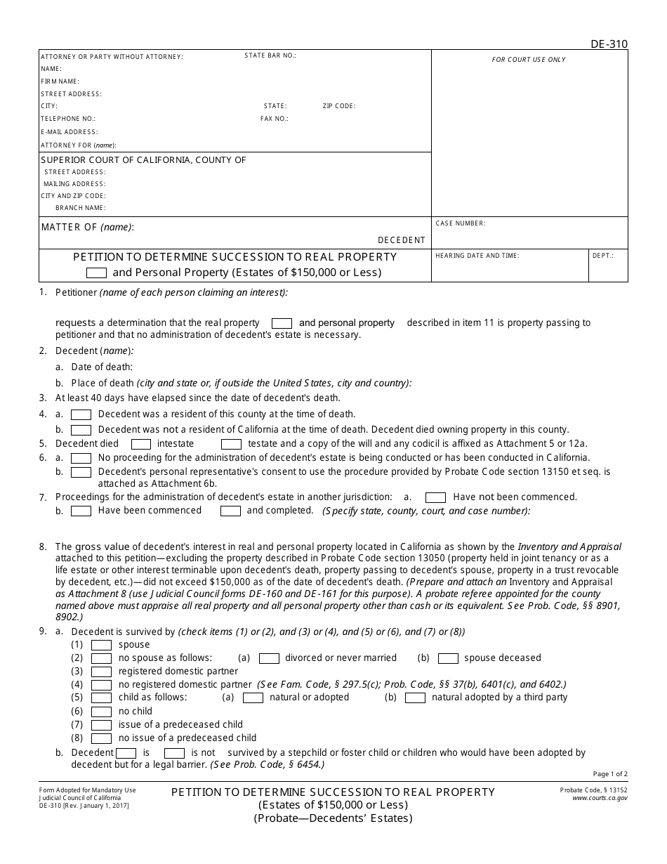 Form DE-310 Petition to Determine Succession to Real Property (Estates of $150,000 or Less) - California, Page 1