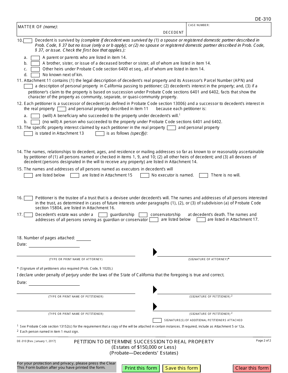 Form DE-310 Petition to Determine Succession to Real Property (Estates of $150,000 or Less) - California, Page 2