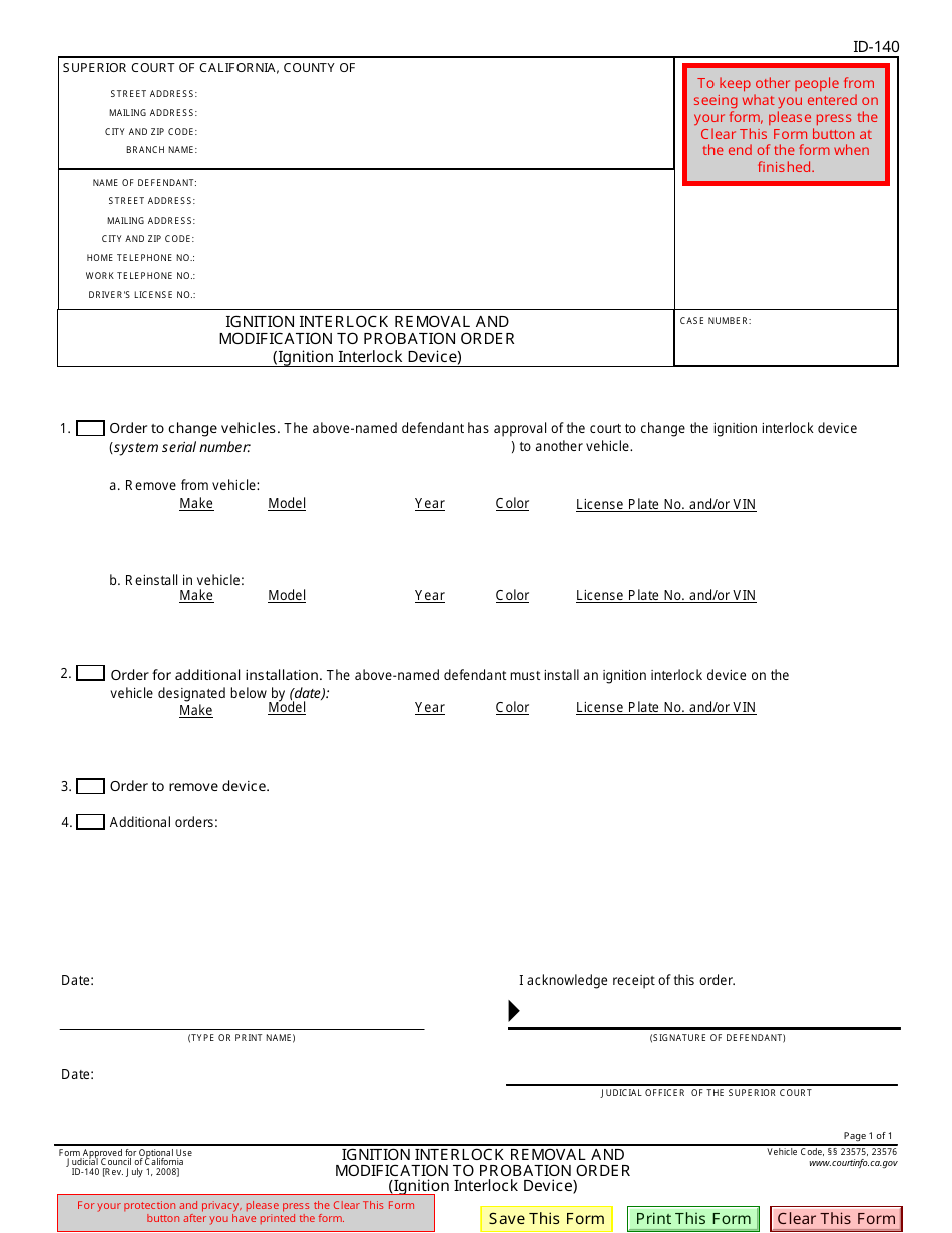 Form ID-140 Ignition Interlock Removal and Modification to Probation Order (Ignition Interlock Device) - California, Page 1