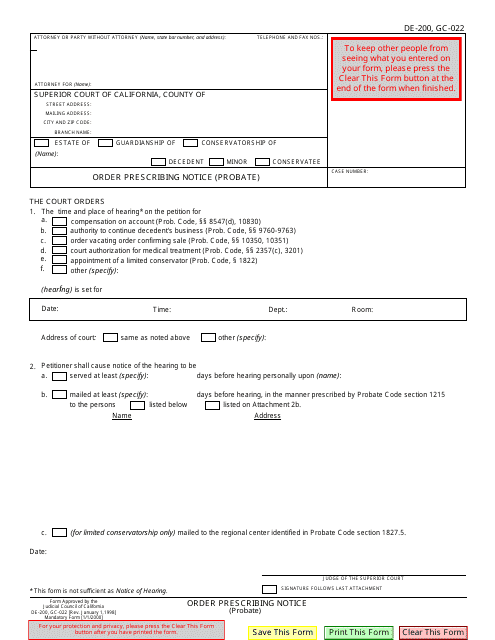 Form DE-200 (GC-022)  Printable Pdf