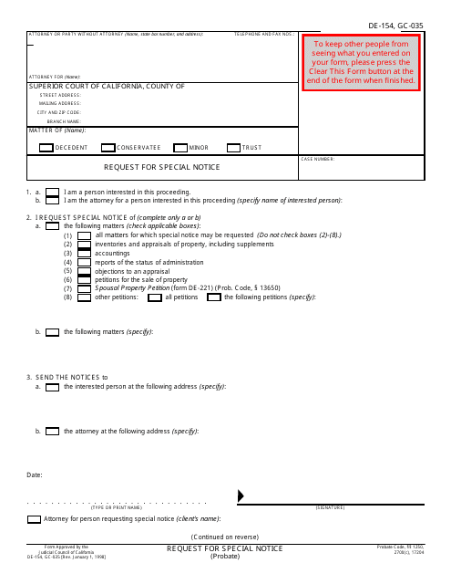 Form DE-154 (GC-035)  Printable Pdf