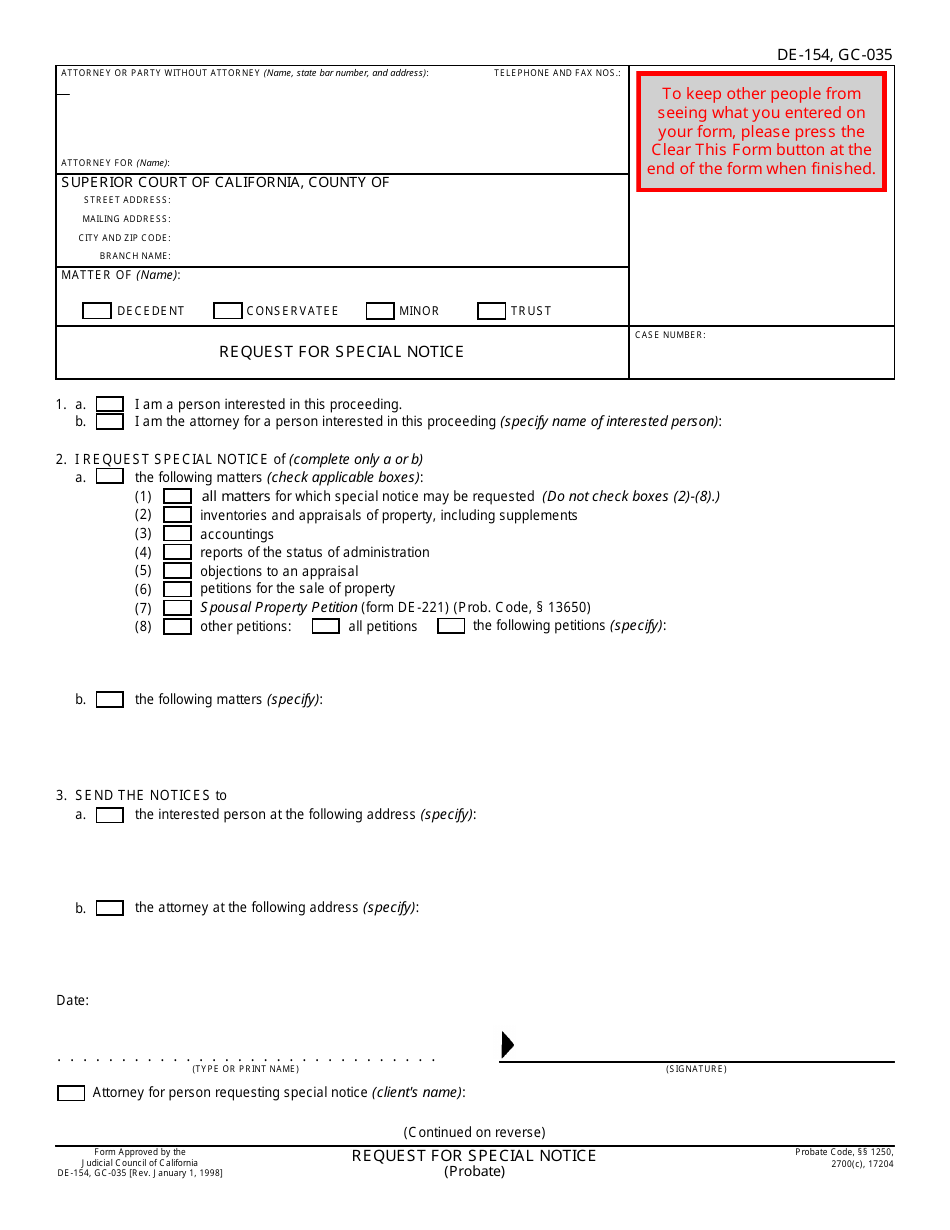 Form DE-154 (GC-035) Request for Special Notice - California, Page 1