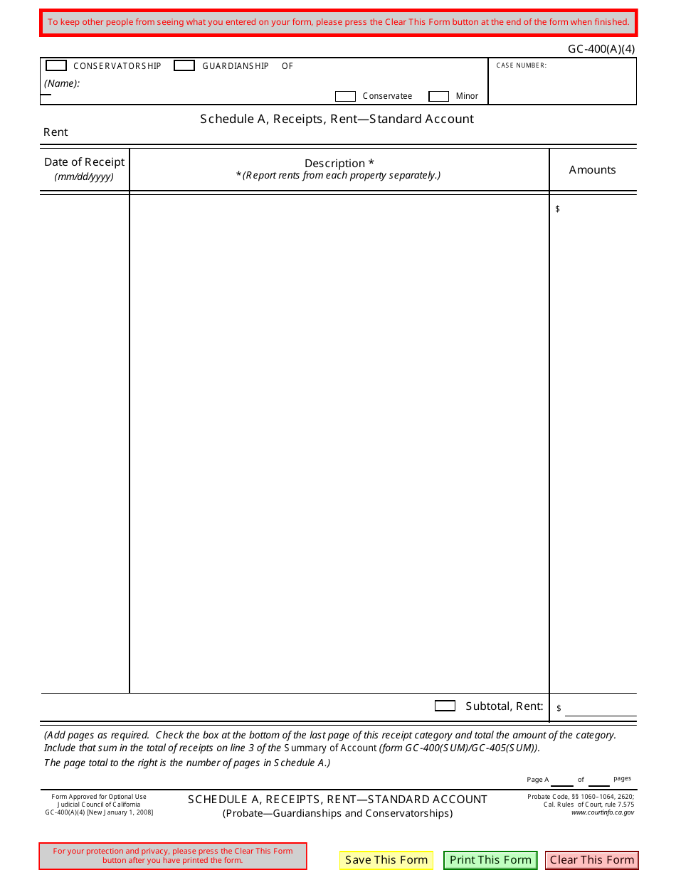 Form GC-400(A)(4) Schedule A Receipts, Rent  Standard Account - California, Page 1
