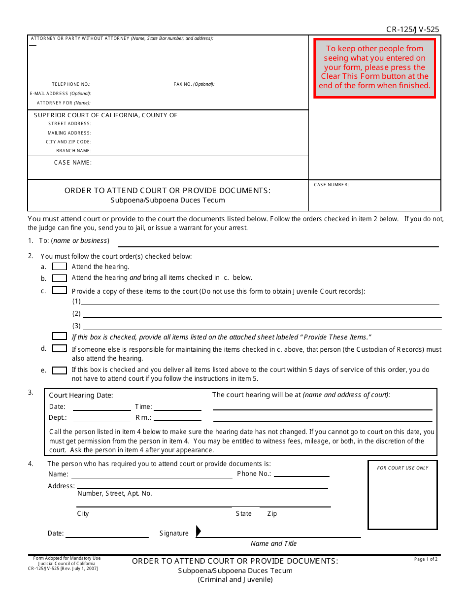 Form CR-125 Order to Attend Court or Provide Documents: Subpoena / Subpoena Duces Tecum - California, Page 1