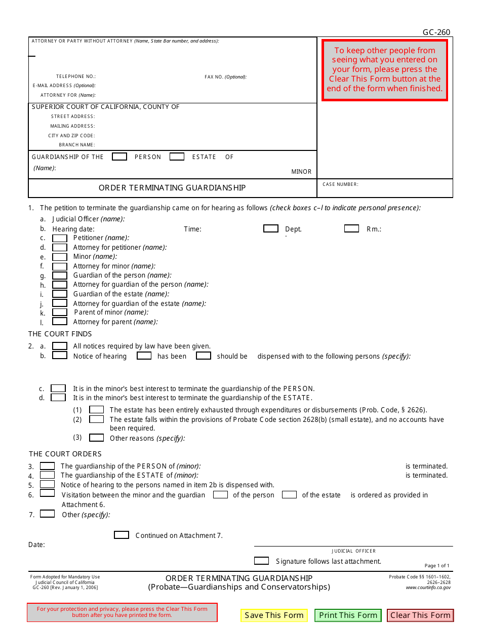Form GC-260 Order Terminating Guardianship - California, Page 1