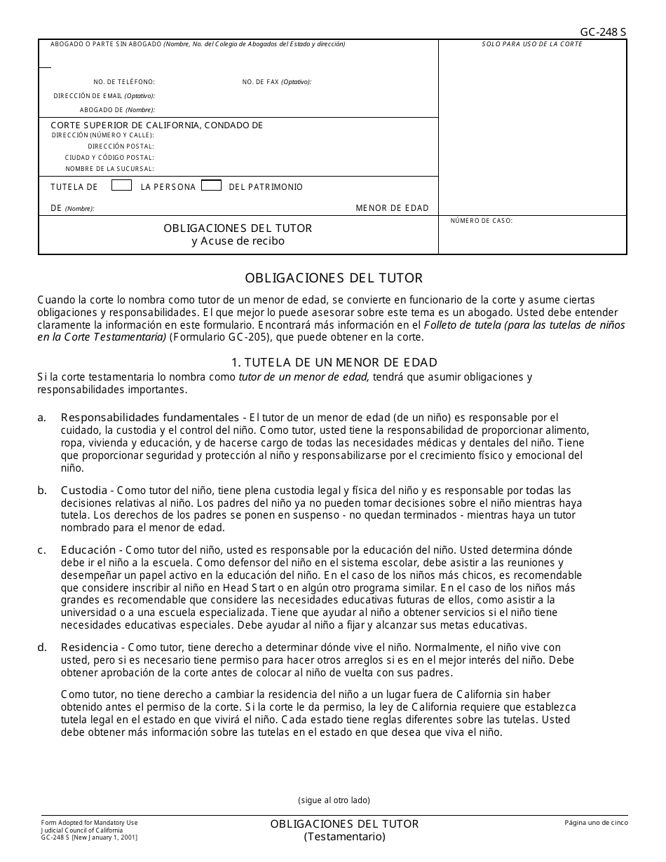 Formulario GC-248 S Obligaciones Del Tutor Y Acuse De Recibo - California (Spanish), Page 1
