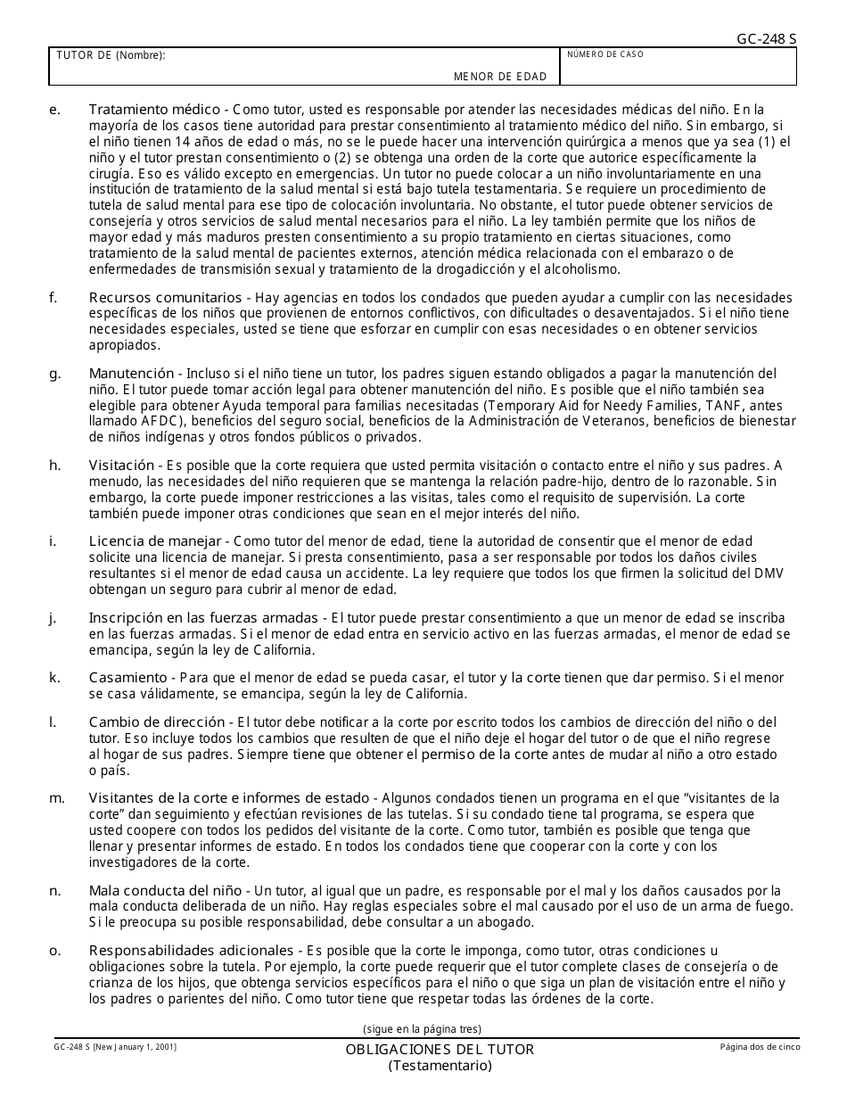 Formulario GC-248 S Obligaciones Del Tutor Y Acuse De Recibo - California (Spanish), Page 2