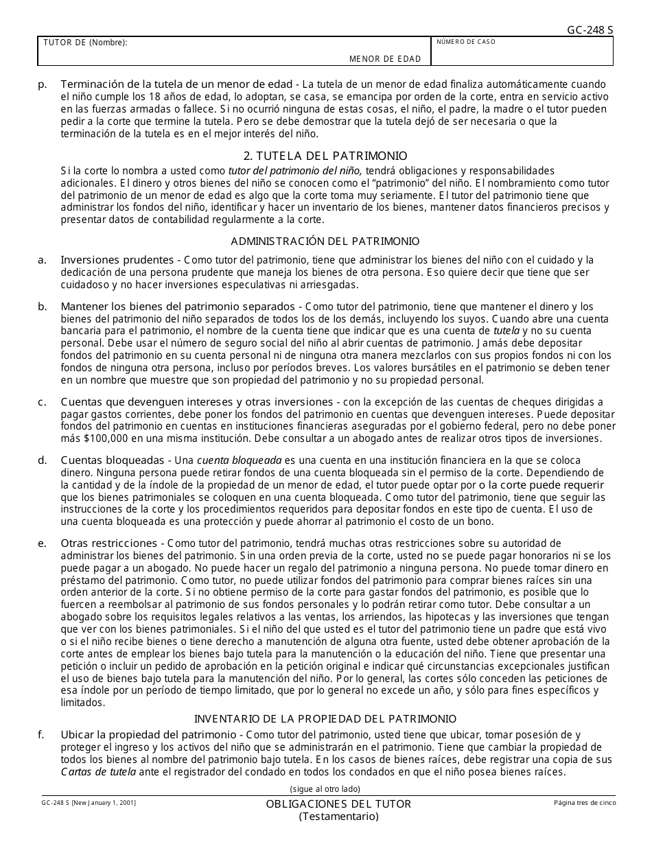 Formulario GC-248 S Obligaciones Del Tutor Y Acuse De Recibo - California (Spanish), Page 3