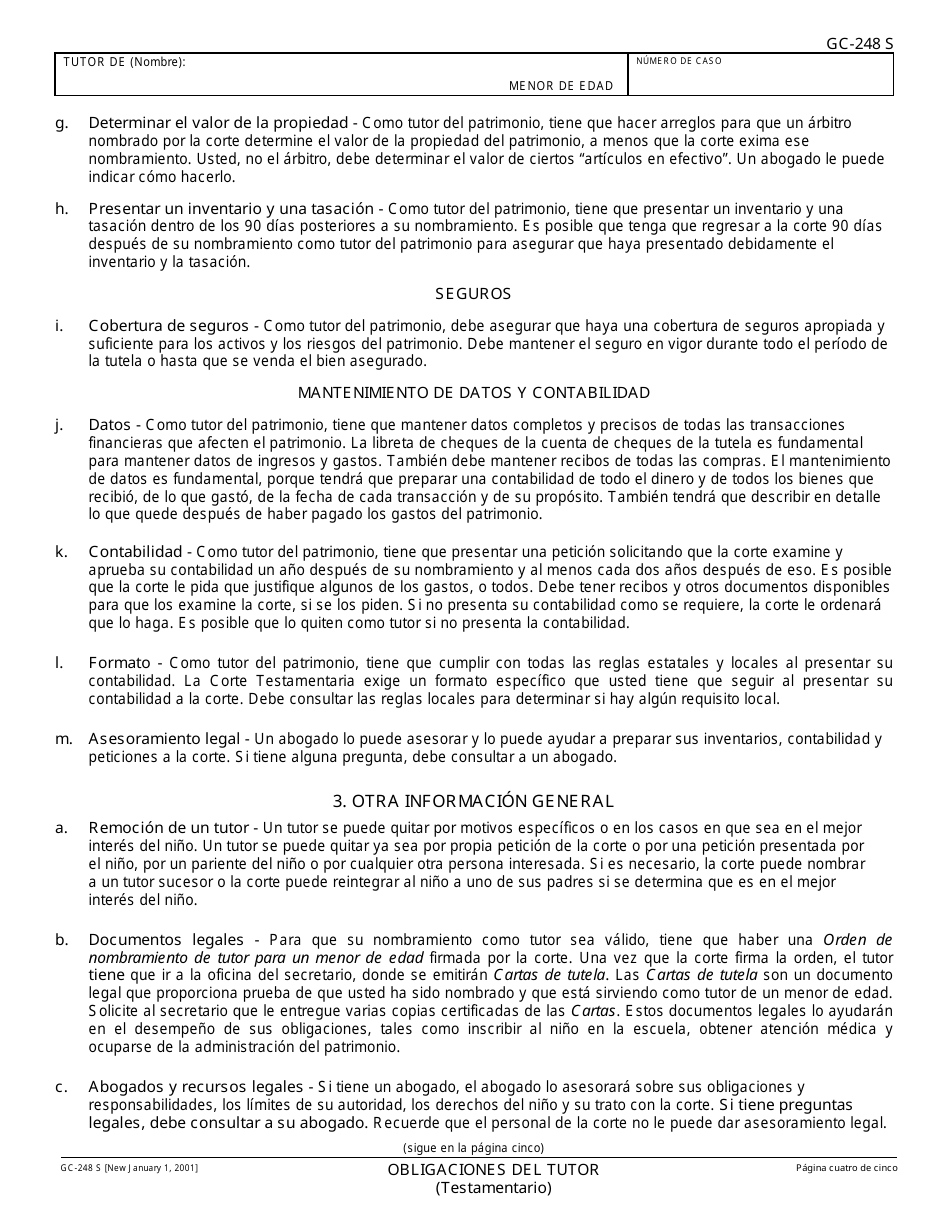 Formulario GC-248 S Obligaciones Del Tutor Y Acuse De Recibo - California (Spanish), Page 4
