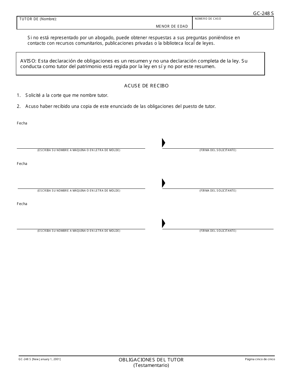 Formulario GC-248 S Obligaciones Del Tutor Y Acuse De Recibo - California (Spanish), Page 5