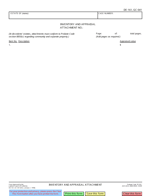 Form DE-161 (GC-041) Inventory and Appraisal Attachment - California