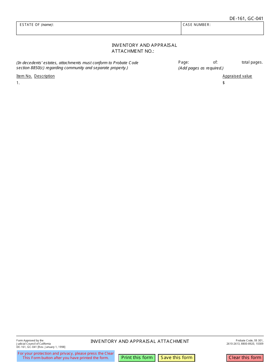 Form DE-161 (GC-041) Inventory and Appraisal Attachment - California, Page 1