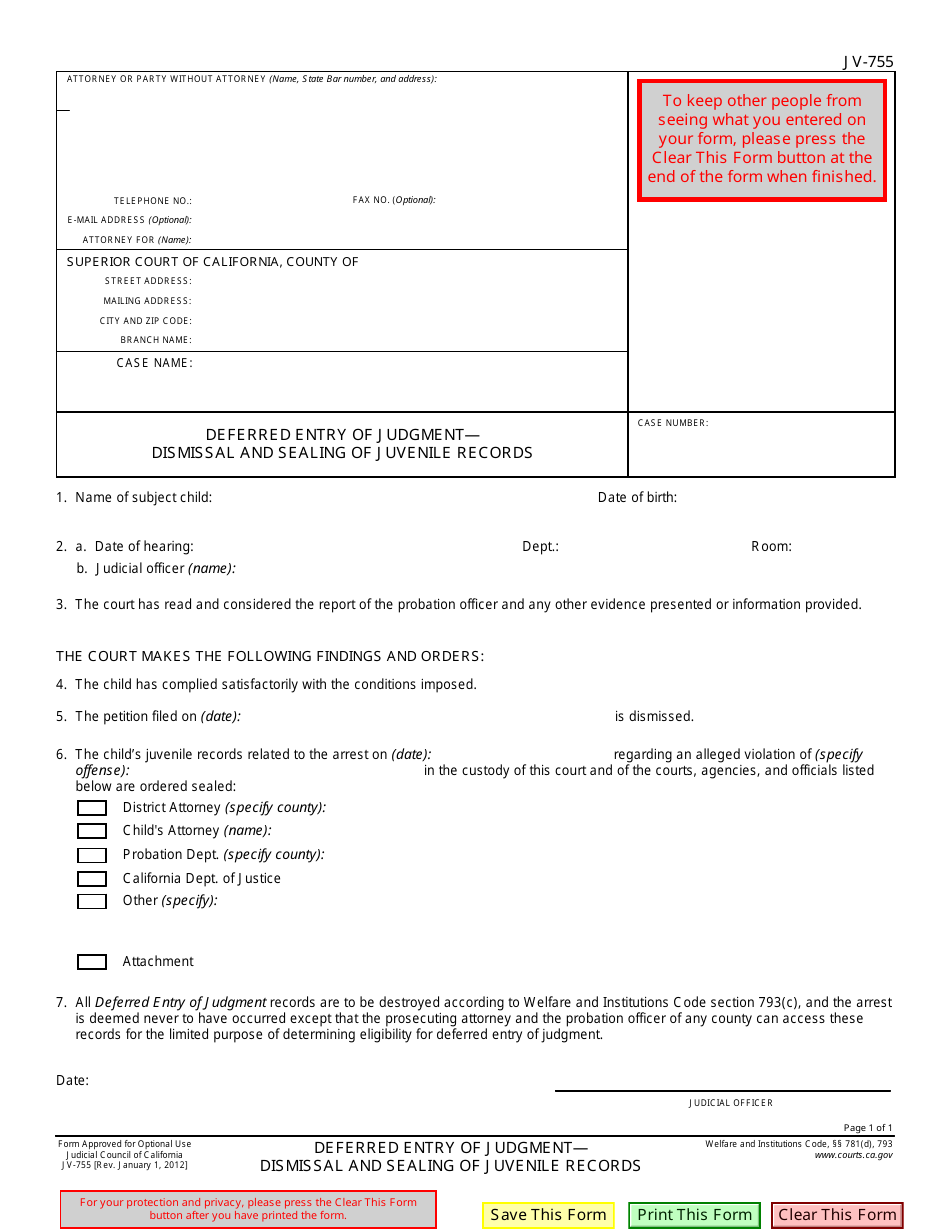 Form JV-755 Deferred Entry of Judgment  Dismissal and Sealing of Juvenile Records - California, Page 1