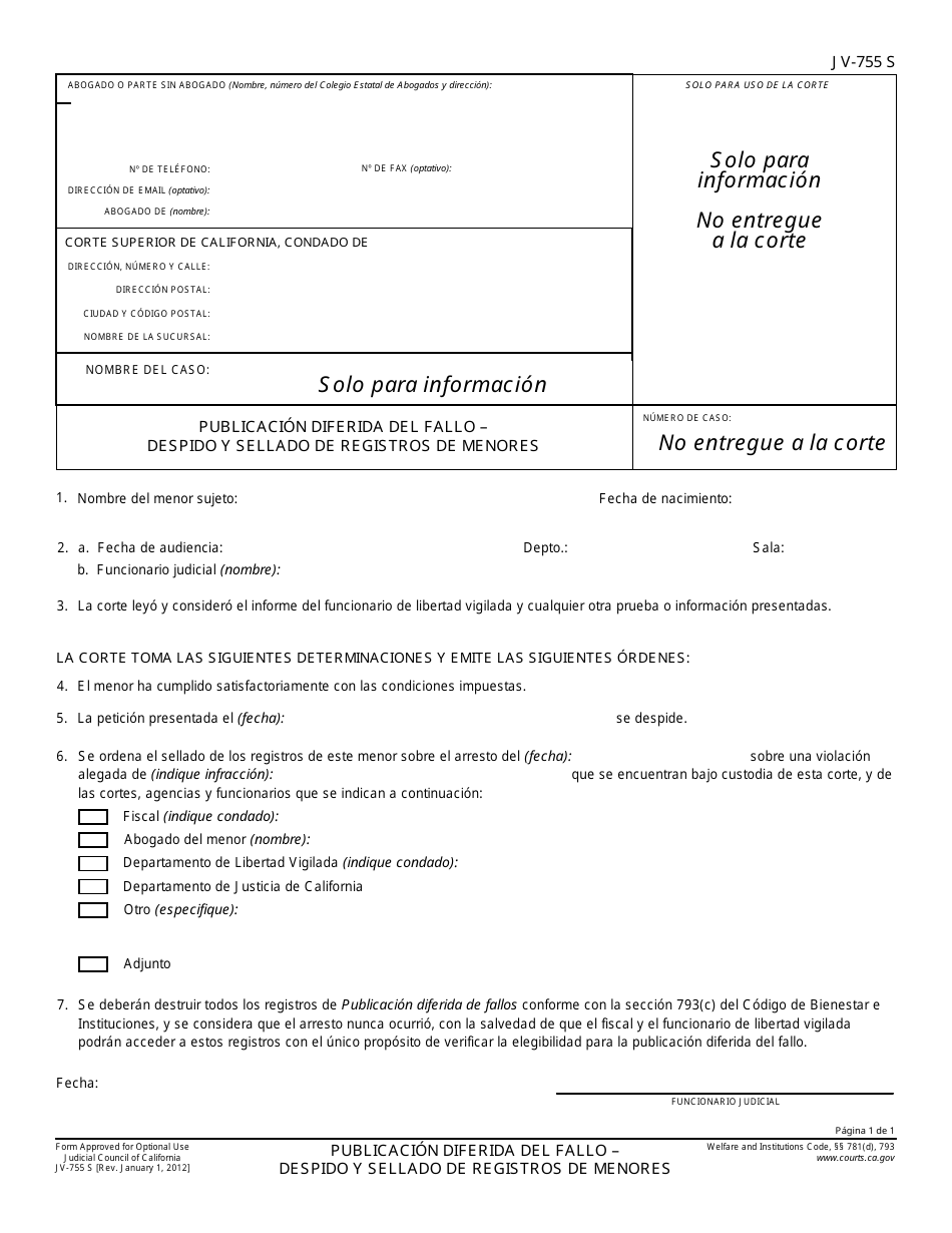 Formulario JV-755 S Publicacion Diferida Del Fallo - Despido Y Sellado De Registros De Menores - California (Spanish), Page 1