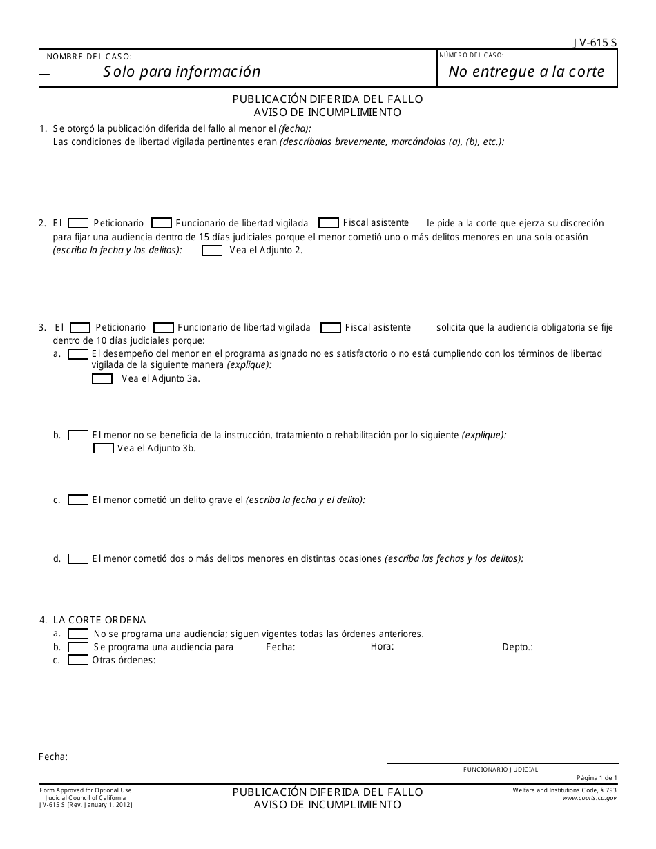 Formulario Jv 615 S Fill Out Sign Online And Download Printable Pdf California Spanish 7327