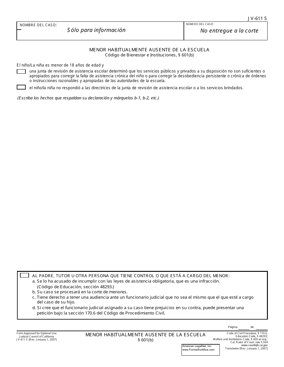 Formulario JV-611 S Menor Habitualmente Ausente De La Escuela - California (Spanish), Page 1