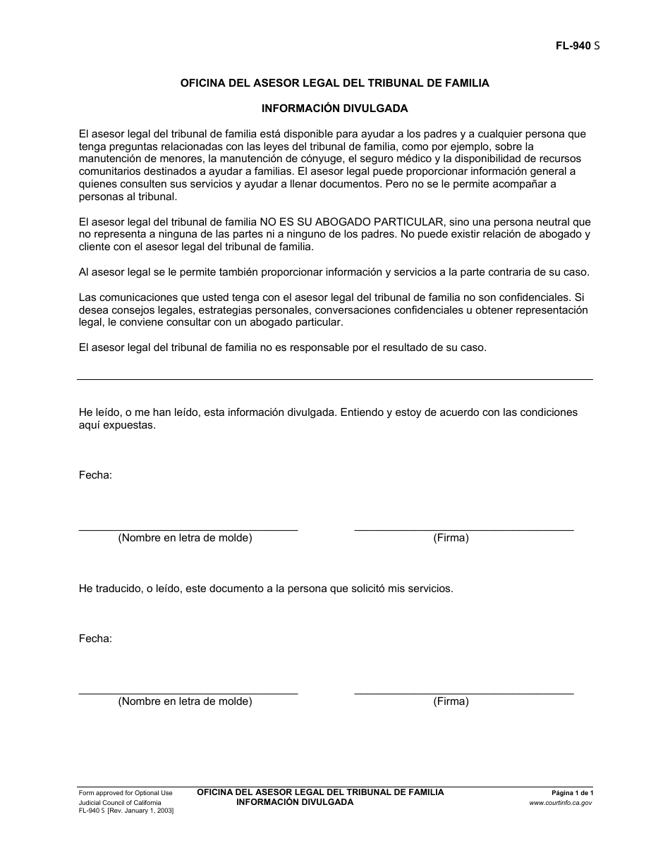 Formulario FL-940 S Oficina Del Asesor Legal Del Tribunal De Familia Informacion Divulgada - California (Spanish), Page 1