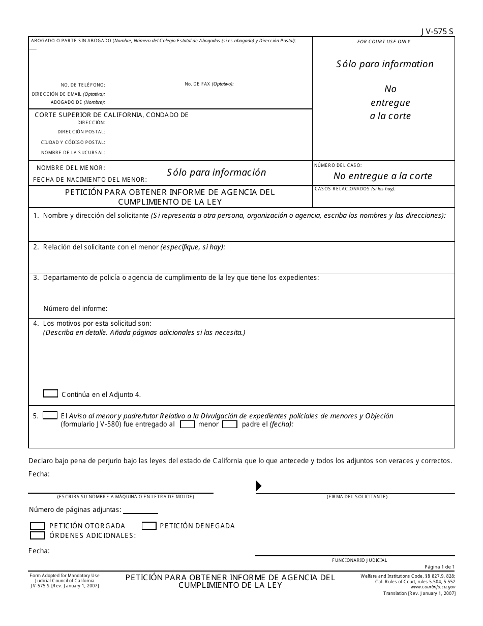 Formulario JV-575 S Peticion Para Obtener Informe De Agencia Del Cumplimiento De La Ley - California (Spanish), Page 1