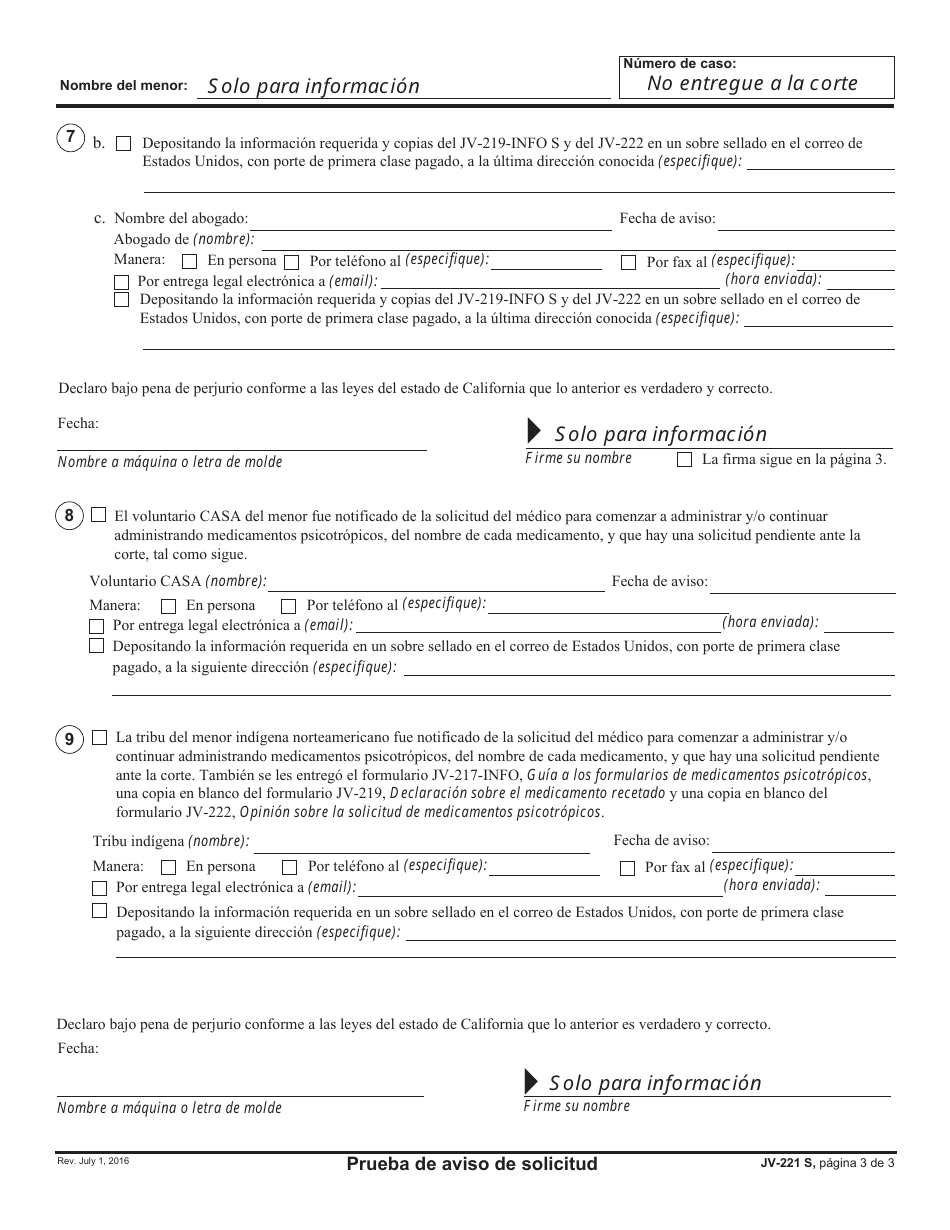 Formulario JV-221 S Prueba De Aviso De Solicitud - California (Spanish), Page 3