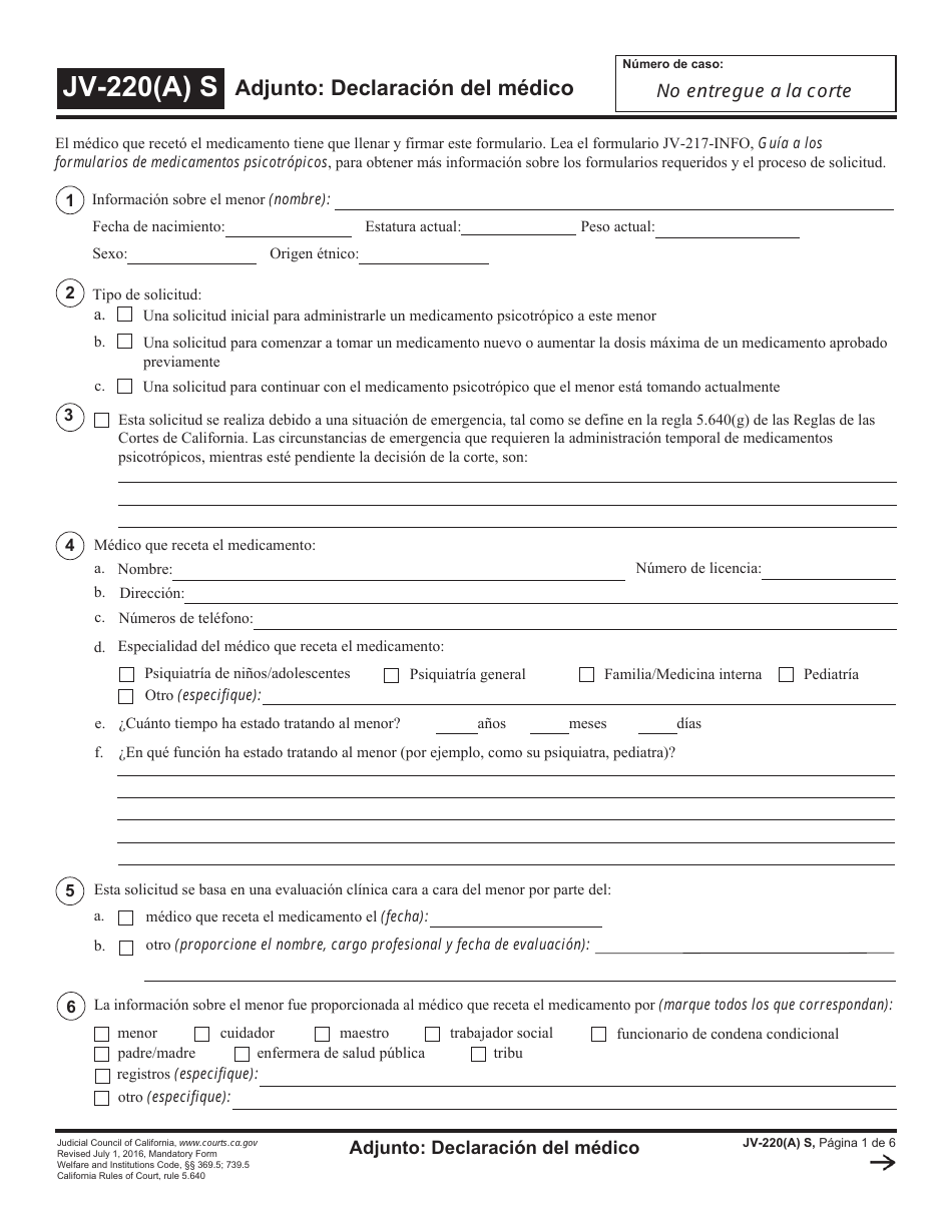 Formulario Jv 220 A S Fill Out Sign Online And Download Printable Pdf California Spanish