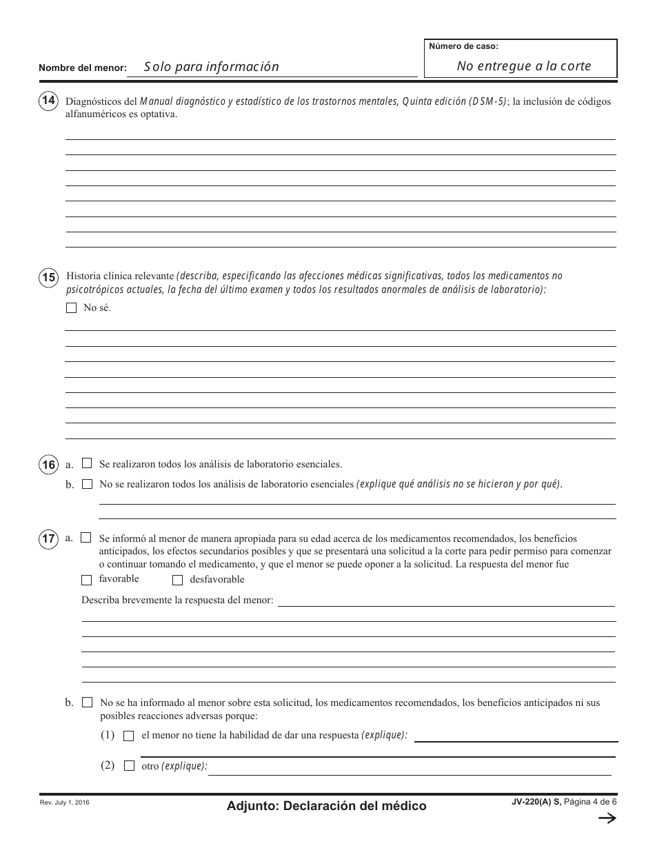 Formulario JV-220 (A) S Adjunto: Declaracion Del Medico - California (Spanish), Page 4