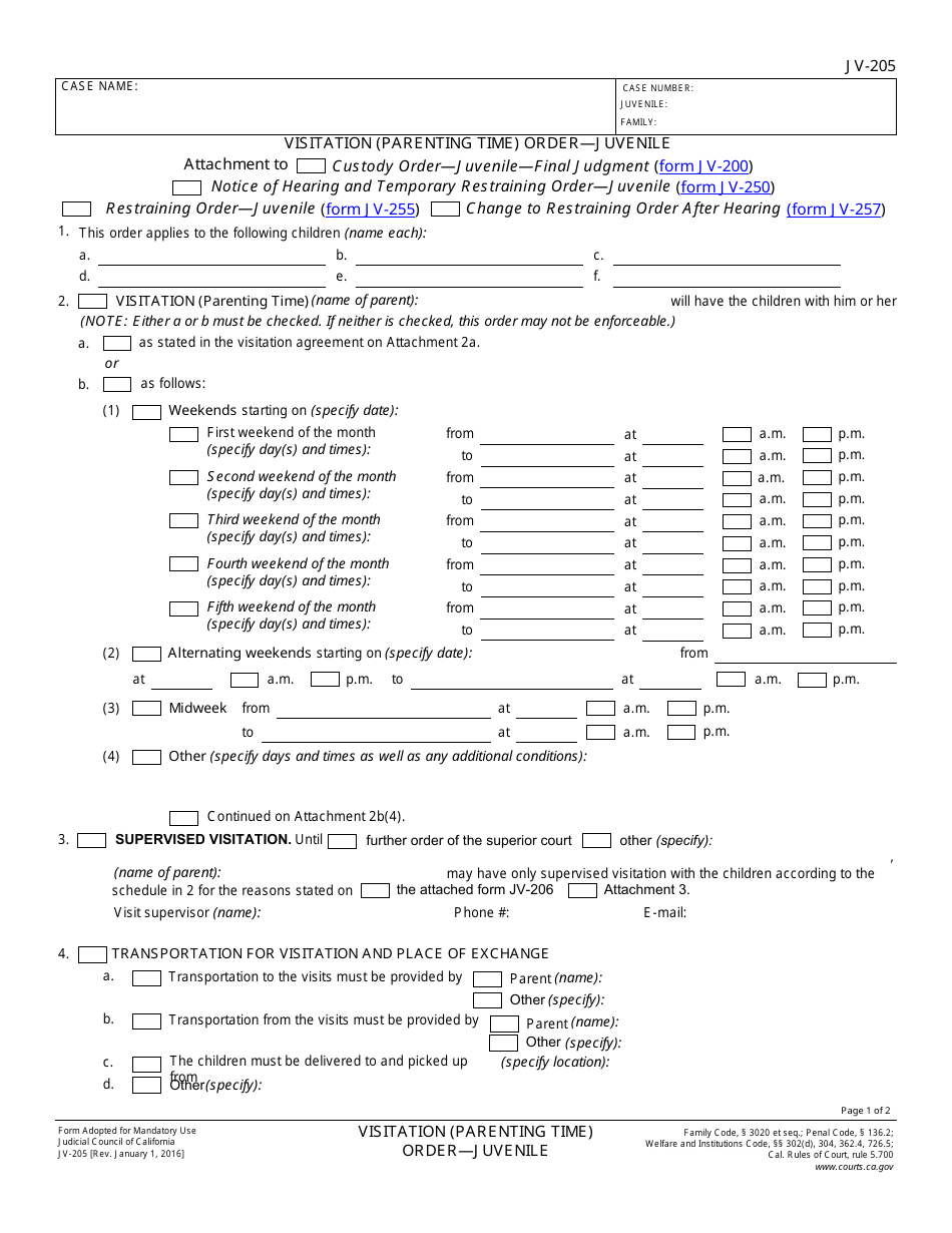 Form JV-205 Visitation (Parenting Time) Order  Juvenile - California, Page 1