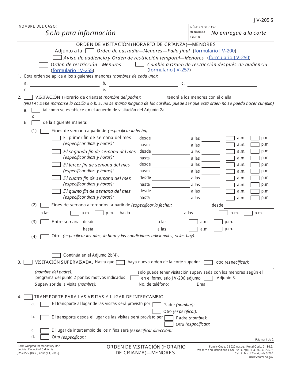 Formulario JV-205 S Orden De Visitacion (Horario De Crianza)  Menores - California (Spanish), Page 1