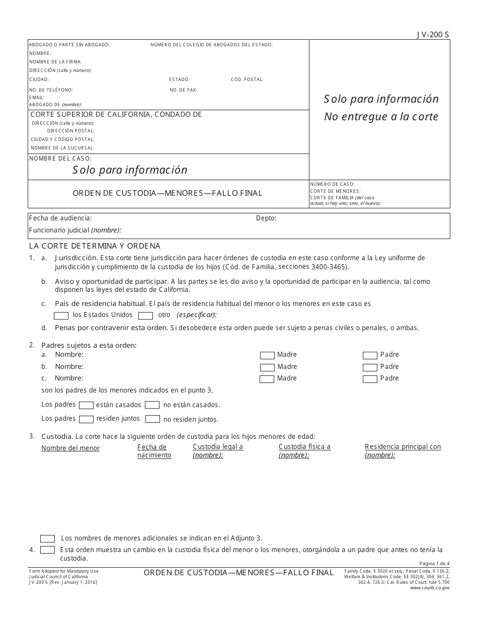 Formulario JV-200 S Orden De Custodia - Menores - Allo Final - California (Spanish), Page 1