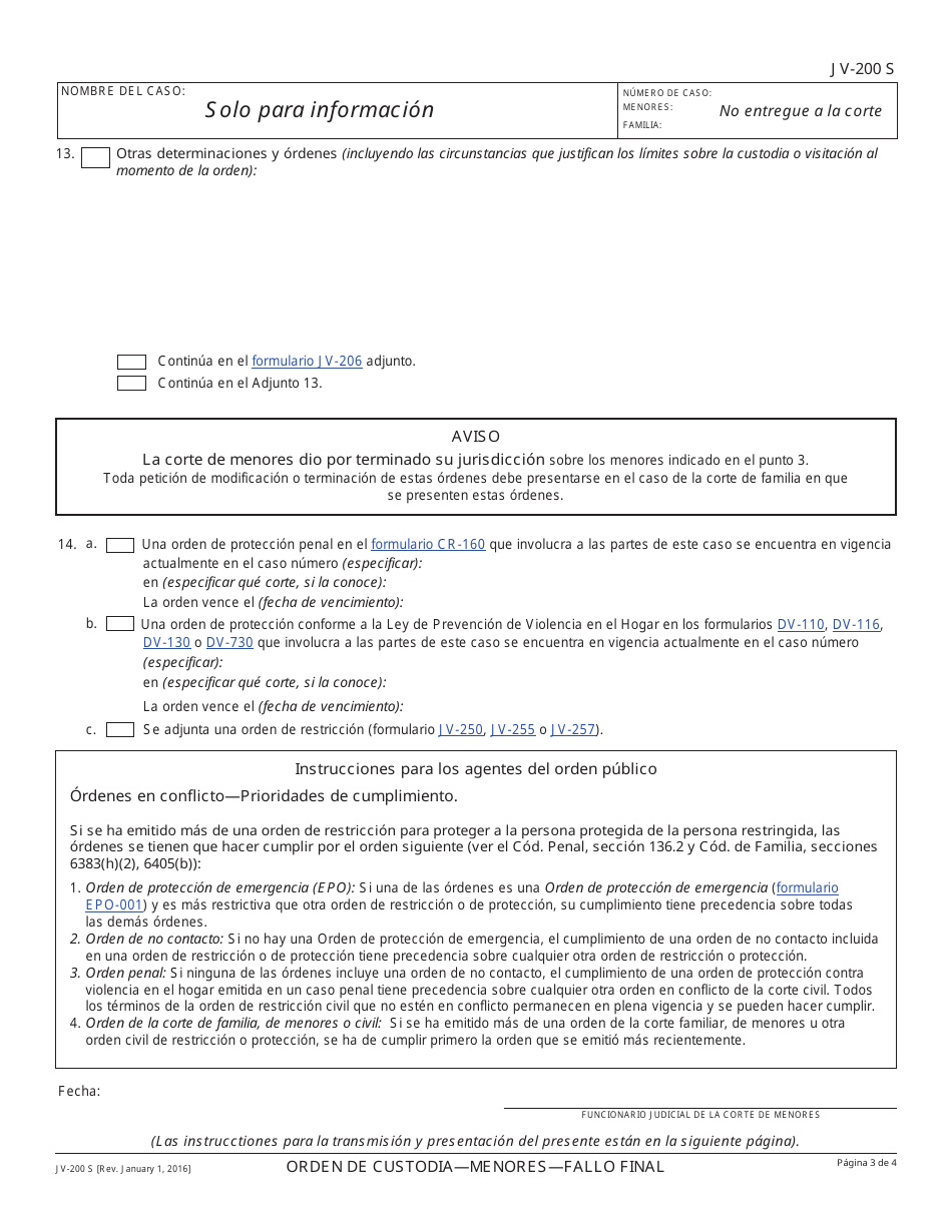 Formulario JV-200 S Orden De Custodia - Menores - Allo Final - California (Spanish), Page 3