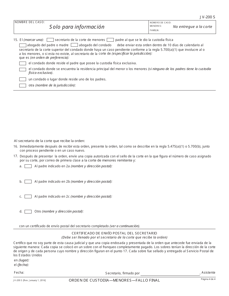 Formulario JV-200 S Orden De Custodia - Menores - Allo Final - California (Spanish), Page 4