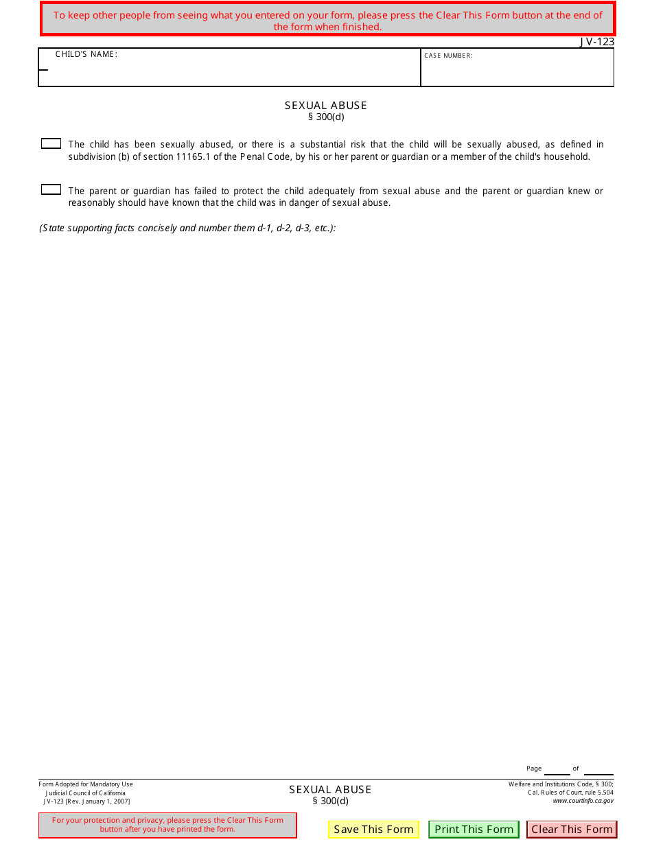 Form JV-123 Sexual Abuse - California, Page 1
