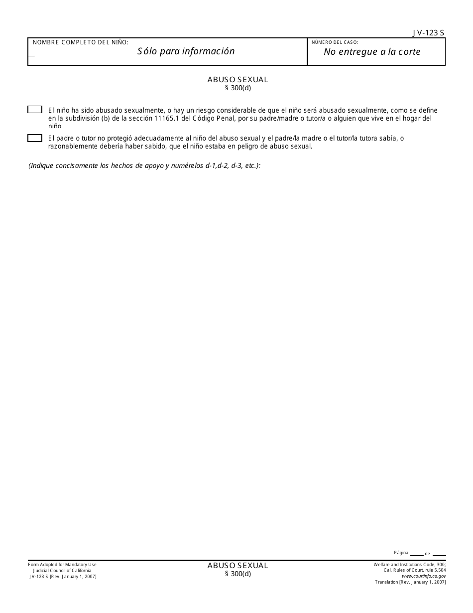Formulario JV-123 S Abuso Sexual - California (Spanish), Page 1