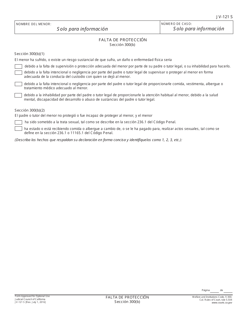 Formulario JV-121 S Falta De Proteccion - California (Spanish), Page 1