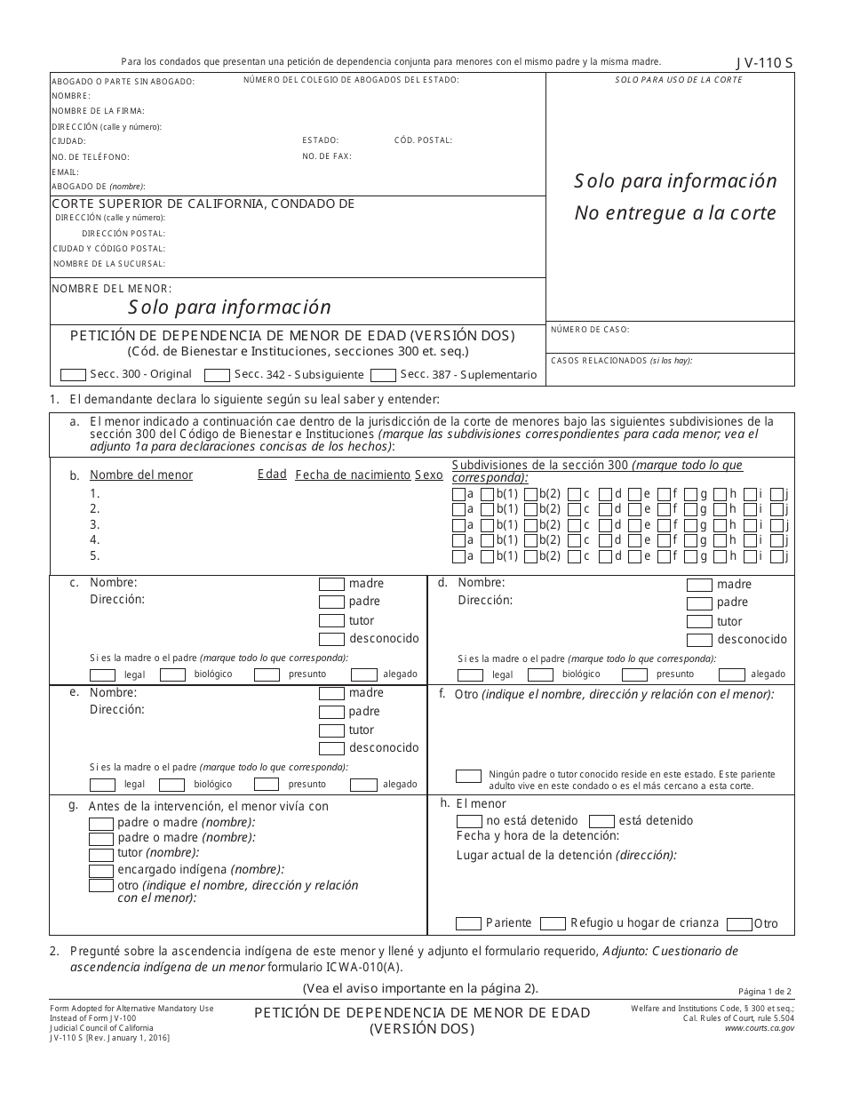 Formulario JV-110 S Peticion De Dependencia De Menor De Edad (Version Dos) - California (Spanish), Page 1