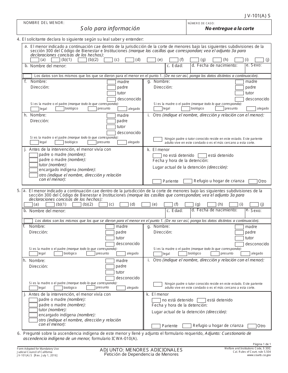 Formulario Jv 101a S Fill Out Sign Online And Download Printable Pdf California Spanish 6896