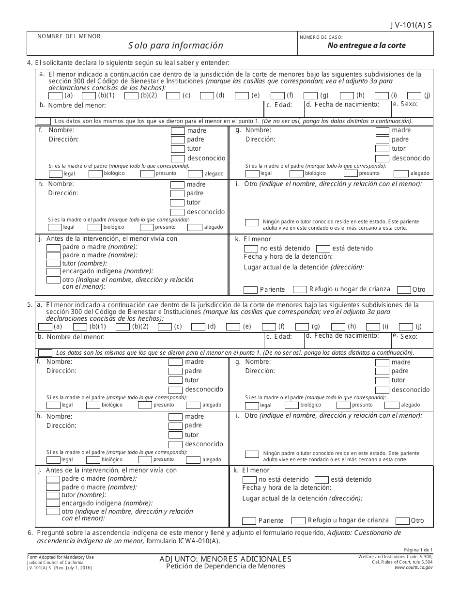 Formulario JV-101(A) S Adjunto: Menores Adicionales - Peticion De Dependencia De Menores - California (Spanish), Page 1