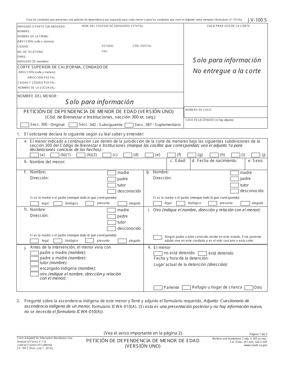 Formulario JV-100 S Peticion De Dependencia De Menor De Edad (Version Uno) - California (Spanish), Page 1