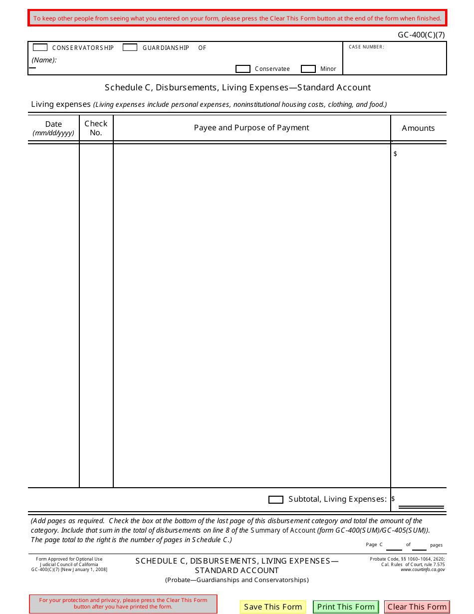 Form GC-400(C)(7) Schedule C Disbursements, Living Expenses -standard Account - California, Page 1