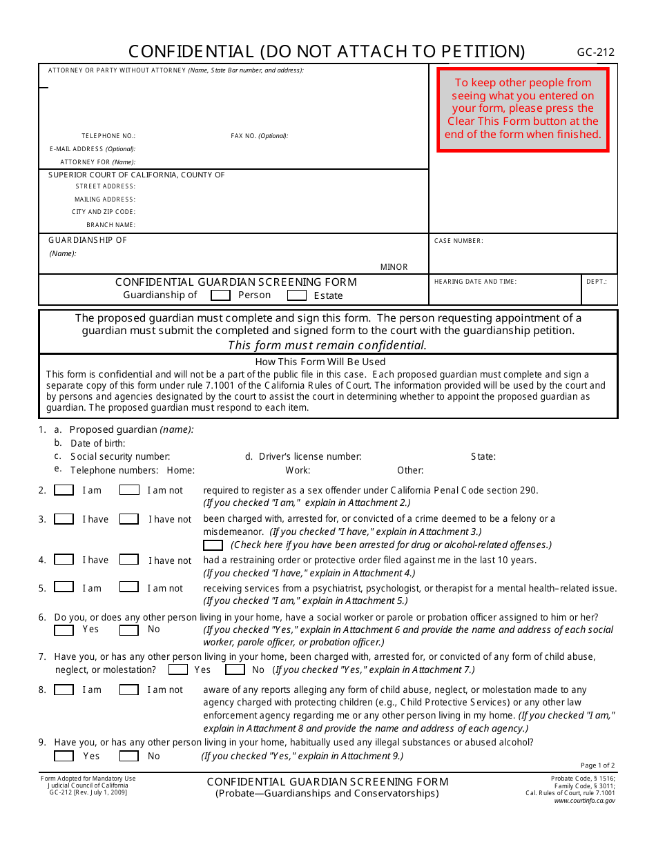 Form GC-212 Confidential Guardian Screening Form - California, Page 1