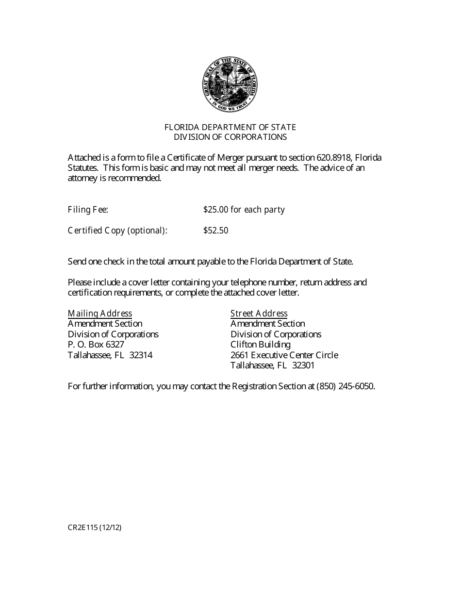 Form CR2E115 Certificate of Merger for Florida Partnership - Florida, Page 1